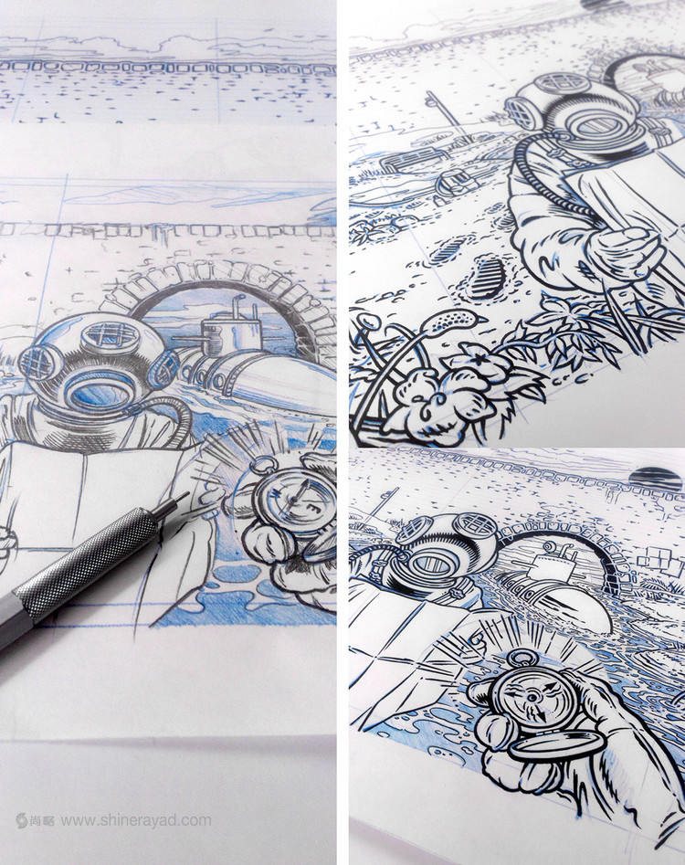 Bron 兄弟啤酒易拉潛水罐插畫包裝插畫設計-鉛筆素描原始草圖5