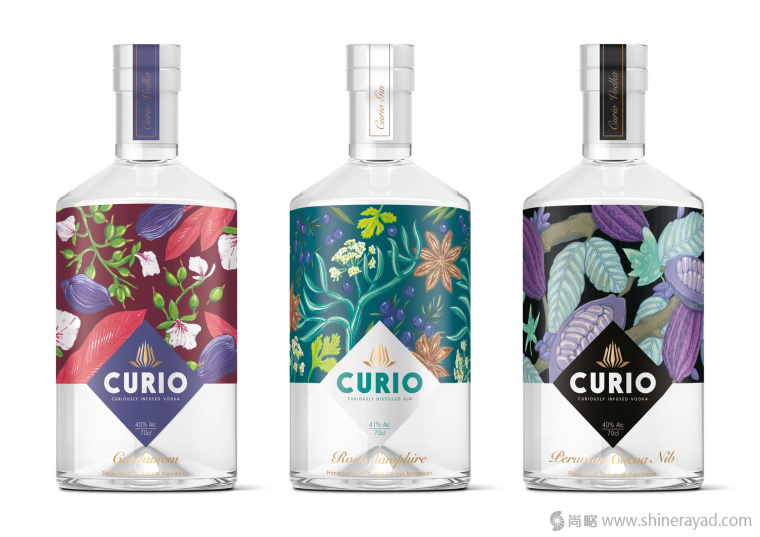 國外手繪植物花卉插畫風(fēng)格洋酒包裝設(shè)計(jì)-curio杜松子酒和伏特加酒包裝設(shè)計(jì)2