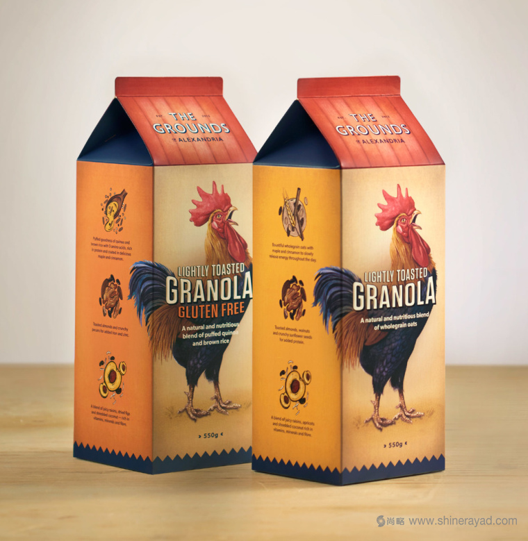 上海包裝設計公司收藏 THE GROUNDS GRANOLA 營養(yǎng)早餐燕麥麥片包裝設計“公雞打鳴篇”2