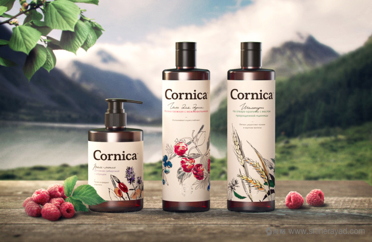 植物素描與水彩插畫CORNICA洗發水沐浴露清潔衛生與天然化妝品包裝設計-上海包裝設計公司5