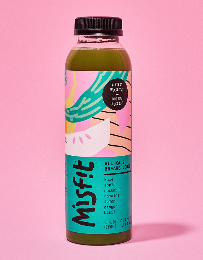 misfit 混合蔬菜水果果汁包裝設計，色彩明亮的自由涂鴉藝術氣質