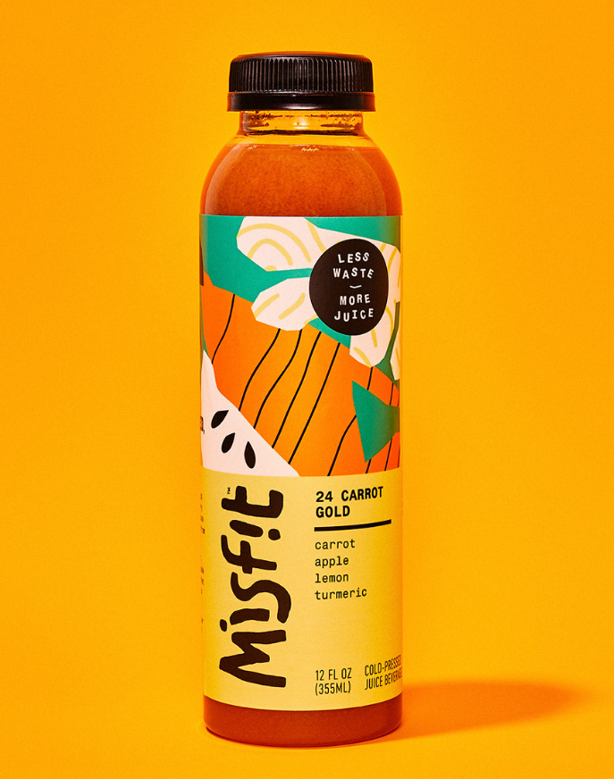 misfit 混合蔬菜水果果汁包裝設計，色彩明亮的自由涂鴉藝術氣質