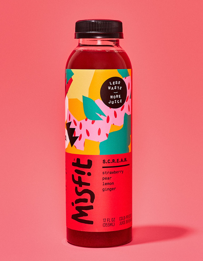 misfit 混合蔬菜水果果汁包裝設計，色彩明亮的自由涂鴉藝術氣質