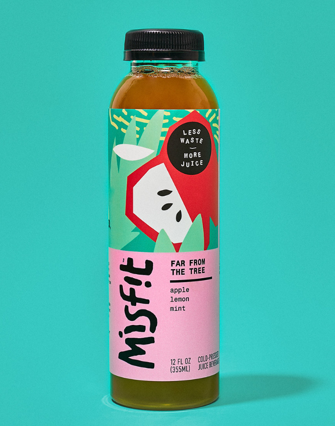 misfit 混合蔬菜水果果汁包裝設計，色彩明亮的自由涂鴉藝術氣質