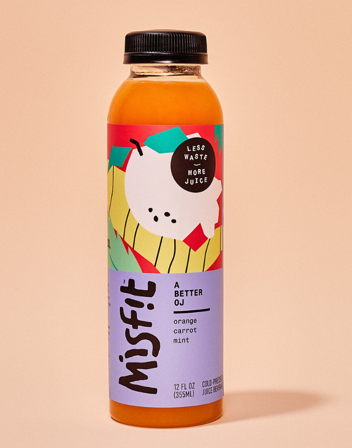 misfit 混合蔬菜水果果汁包裝設計，色彩明亮的自由涂鴉藝術氣質