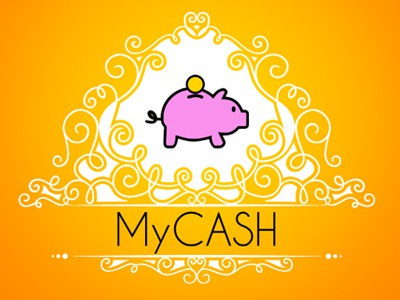 金色背景加粉色的小豬儲蓄罐logo設計