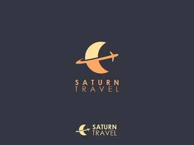 金色月亮加飛機結合的行星旅行logo設計