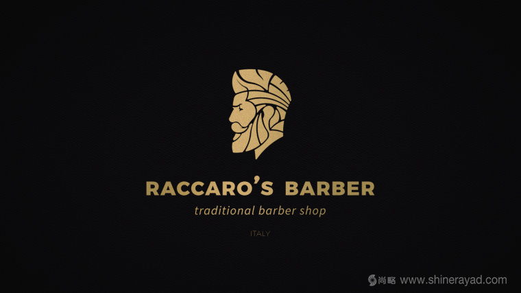 Raccaros-Barber 傳統美發連鎖店理發師人物金色燙金logo設計-上海logo設計公司