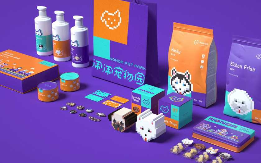 Nonda寵物店商品品牌包裝設(shè)計(jì)，馬賽克寵物插畫風(fēng)格