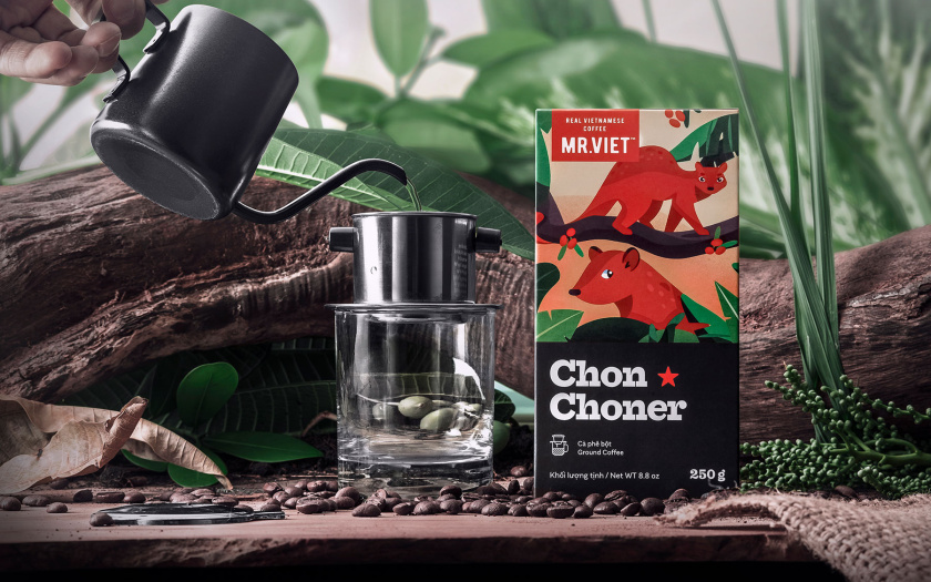 越南Chon Choner咖啡包裝設計，具有俏皮的動物插圖設計