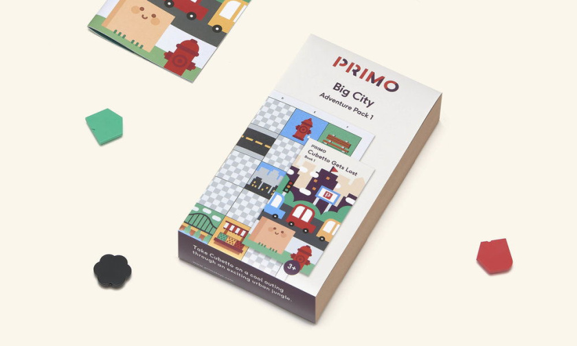 PRIMO玩具品牌積木包裝設計，展現了積木圖案與天然木材品質