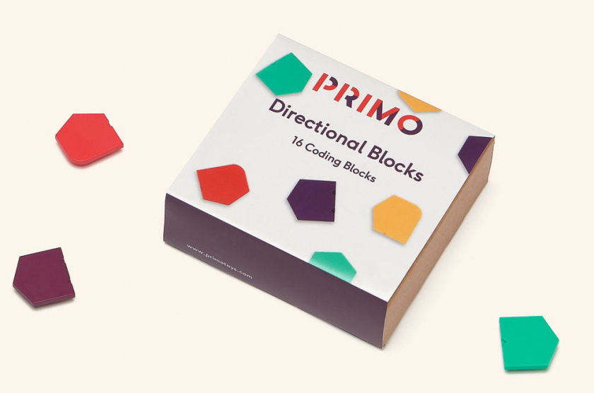PRIMO玩具品牌積木包裝設計，展現了積木圖案與天然木材品質