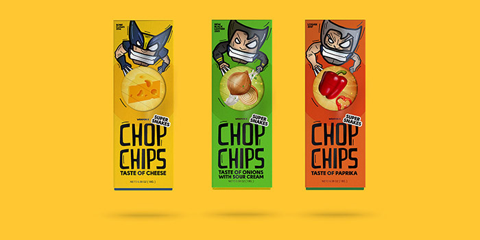 Chop chips 俄羅斯薯片包裝設計，一只卡通小狼仔正在用餐的插畫設計