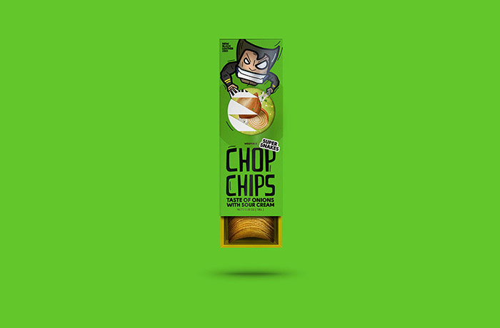 Chop chips 俄羅斯薯片包裝設計，一只卡通小狼仔正在用餐的插畫設計