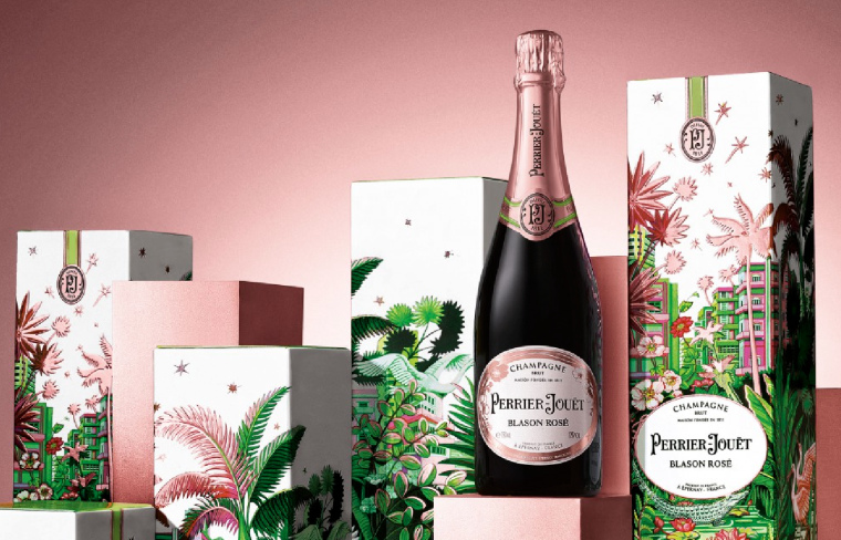 情人節禮盒 PERRIER-JOU?T玫瑰香檳包裝設計，熱帶雨林植物插畫設計