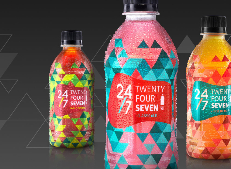 24/7品牌草本植物飲料包裝設計，五顏六色的幾何三角色塊風格包裝設計