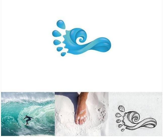 logo設計過程圖示揭示logo設計靈感-腳+水滴 logo設計靈感