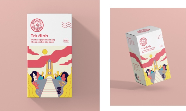 Dinh 茶葉包裝設計，扁平插畫藝術風格
