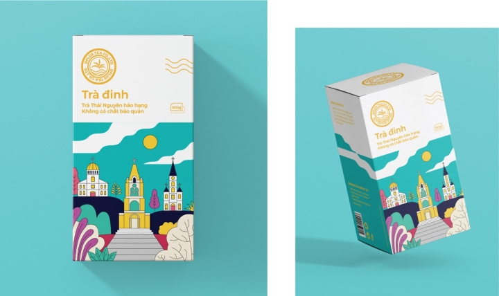 Dinh 茶葉包裝設計，扁平插畫藝術風格