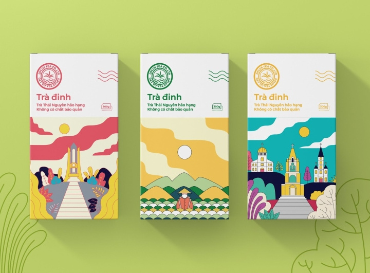 Dinh 茶葉包裝設計，扁平插畫藝術風格