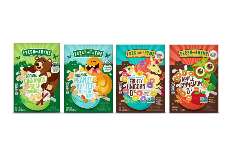 Fresh Thyme 兒童與成人谷物系列有機食品包裝設計，大膽醒目的插畫