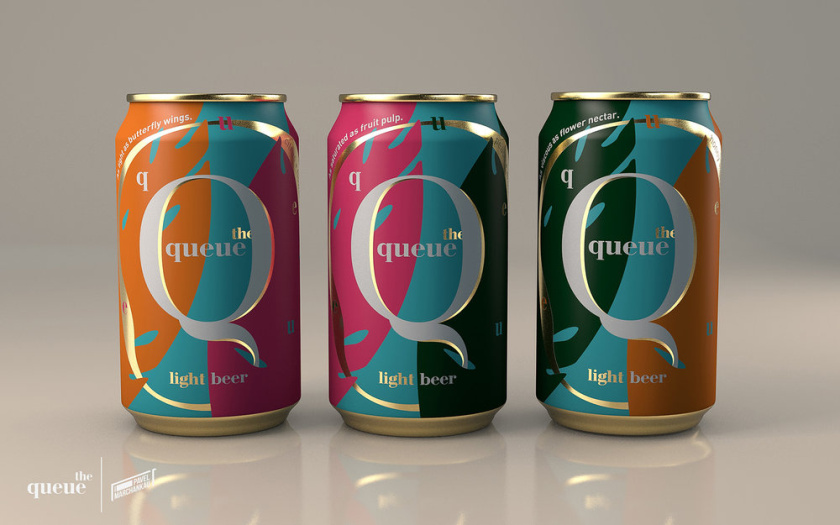 比利時queue啤酒包裝設計，大寫字母Q貫穿所有包裝