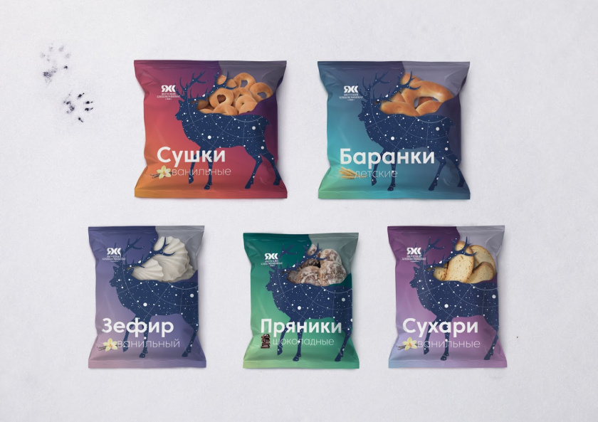 Yakut 袋裝面包烘培產品包裝設計，動物星空北極光圖形