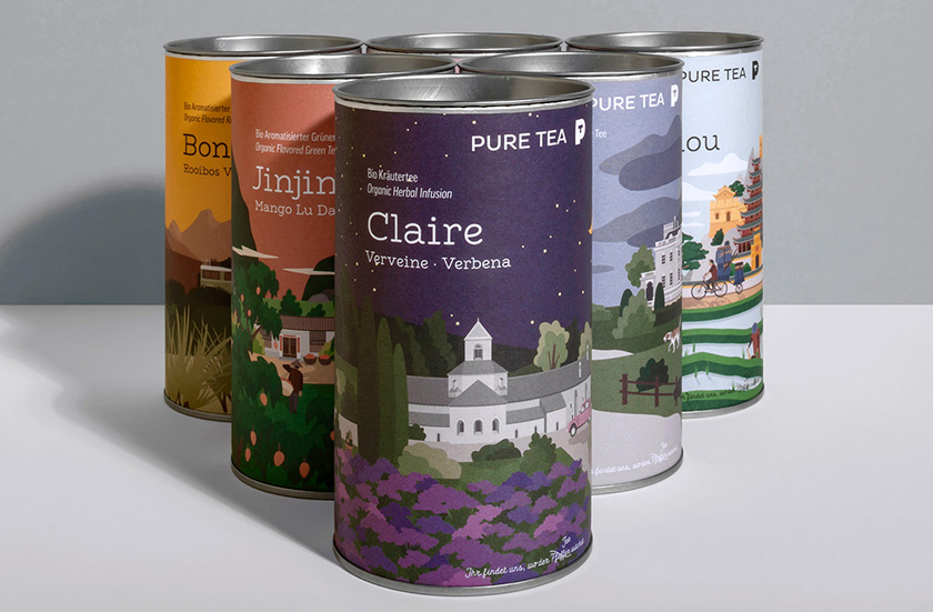 pure tea 純茶有機茶葉包裝設計，13個茶葉原產地風景插圖設計