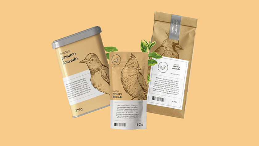 Pássaro金鳥飼料口糧包裝設計，手繪小鳥的圖案包裝