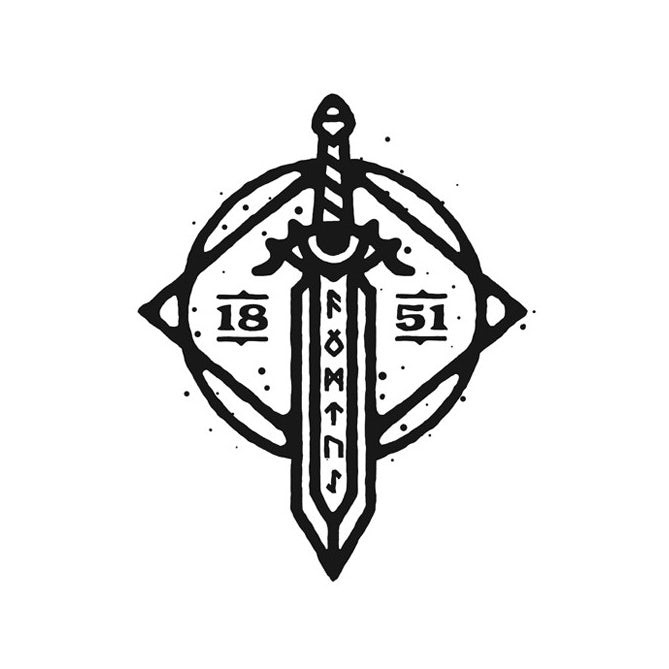 原始和不完善的手繪logo設計-顯示劍，符文和眼睛的圓形logo