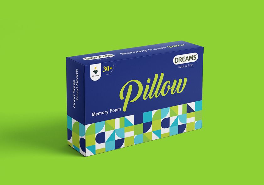 Pillow 記憶枕頭包裝設計，幾何圖案排列風格