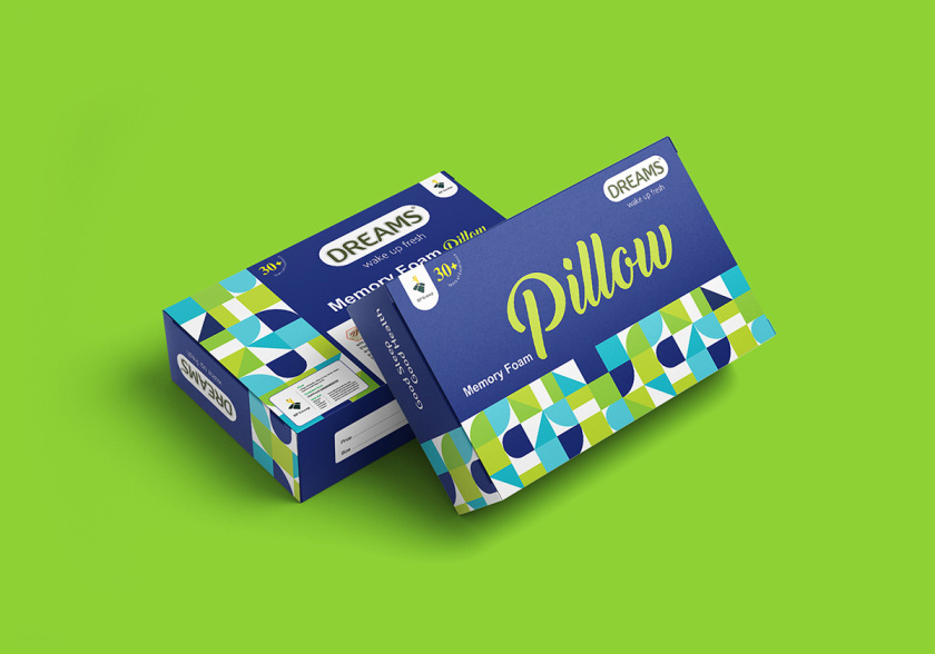 Pillow 記憶枕頭包裝設計，幾何圖案排列風格