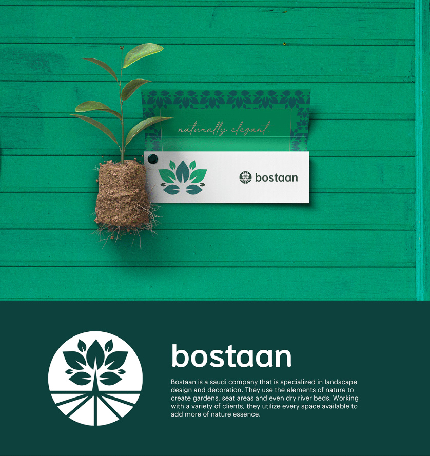 Bostaan 景觀公司logo設計與vi設計，矢量化幾何風格綠葉與根須