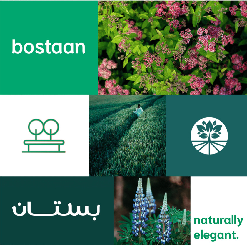Bostaan 景觀公司logo設計與vi設計，矢量化幾何風格綠葉與根須