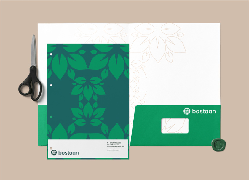 Bostaan 景觀公司logo設計與vi設計，矢量化幾何風格綠葉與根須