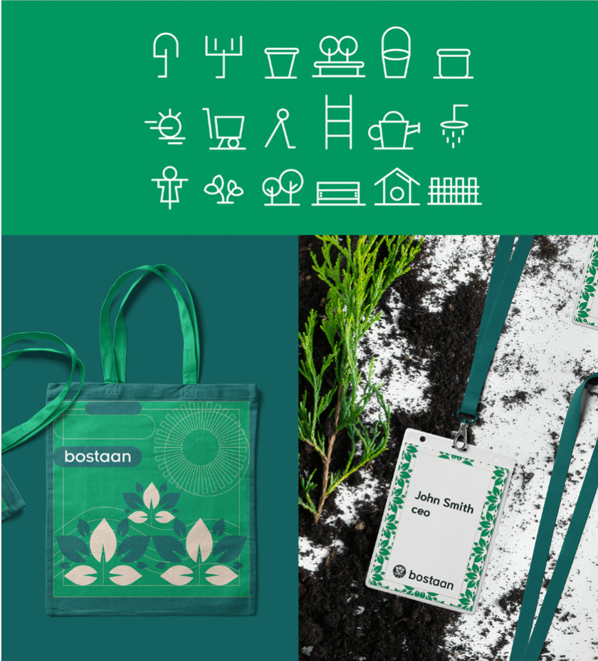 Bostaan 景觀公司logo設計與vi設計，矢量化幾何風格綠葉與根須