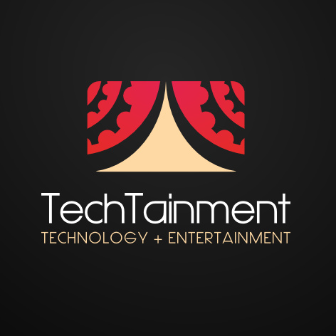 紅色窗簾和文字“TechTainment技術+娛樂”的風格化圖像logo設計