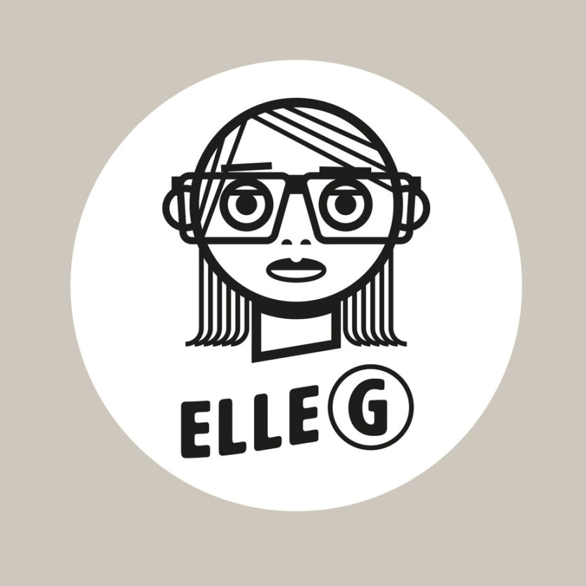 一個女人戴著眼鏡和文字“elle G”的線條畫logo設計
