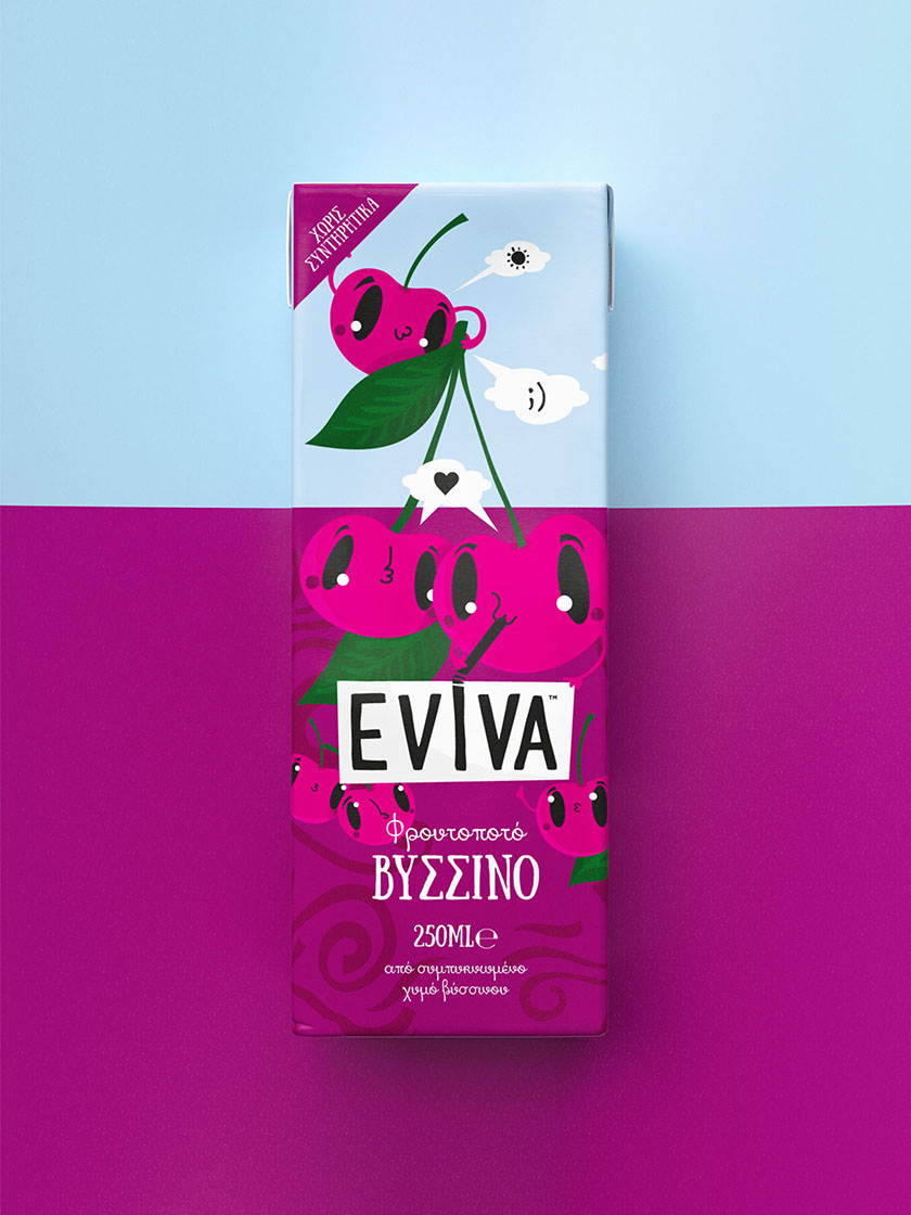 Eviva kids兒童果汁飲料包裝設計插畫設計，可愛水果卡通一起狂歡