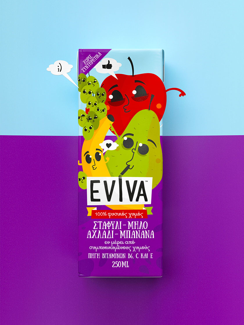 Eviva kids兒童果汁飲料包裝設計插畫設計，可愛水果卡通一起狂歡