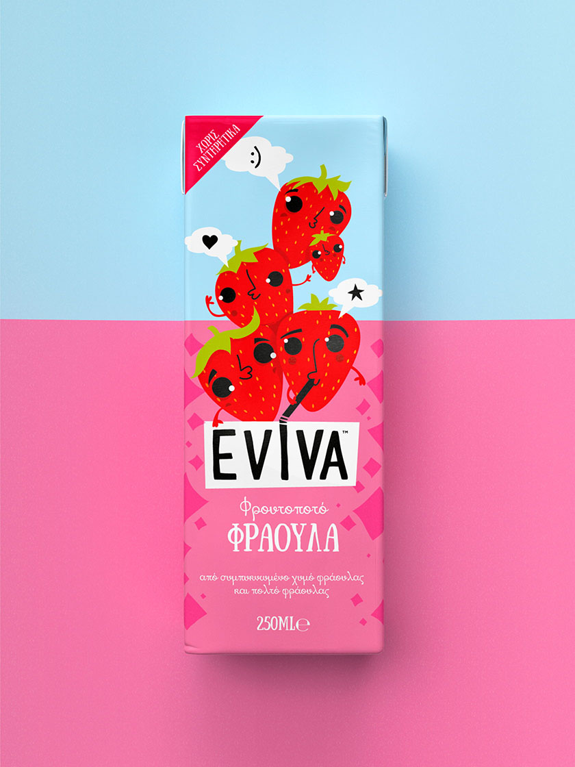 Eviva kids兒童果汁飲料包裝設計插畫設計，可愛水果卡通一起狂歡