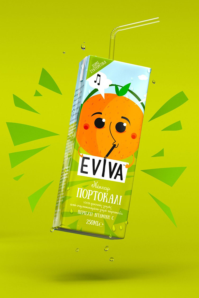 Eviva kids兒童果汁飲料包裝設計插畫設計，可愛水果卡通一起狂歡