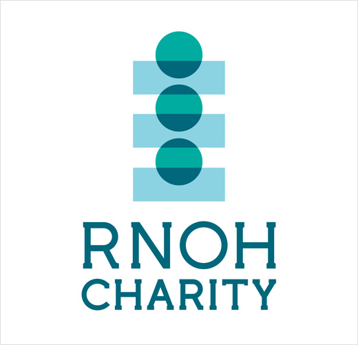 RNOH骨科慈善醫院品牌形象設計，logo設計為人體脊柱或落入籌款罐的硬幣