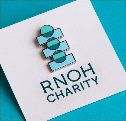 RNOH骨科慈善醫院品牌形象設計，logo設計猶如人體脊柱或落入籌款罐的硬幣