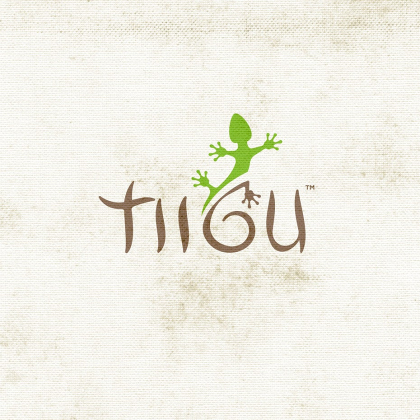 極簡主義的字標標志，上面寫著“TIIGU”，蜥蜴爬上G