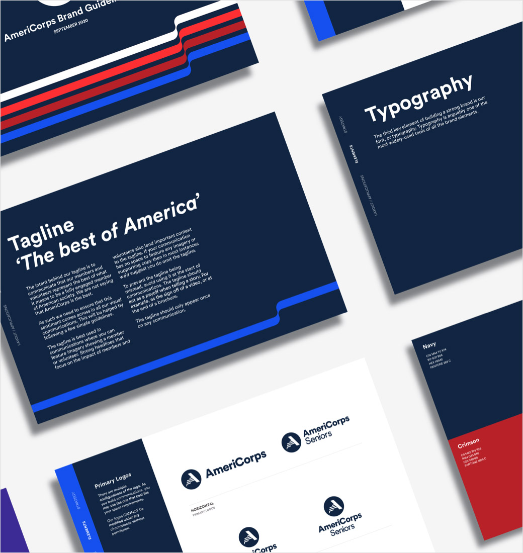 AmeriCorps 美國國家社區(qū)服務(wù)公司品牌logo設(shè)計與vi設(shè)計，字母A+美國國旗