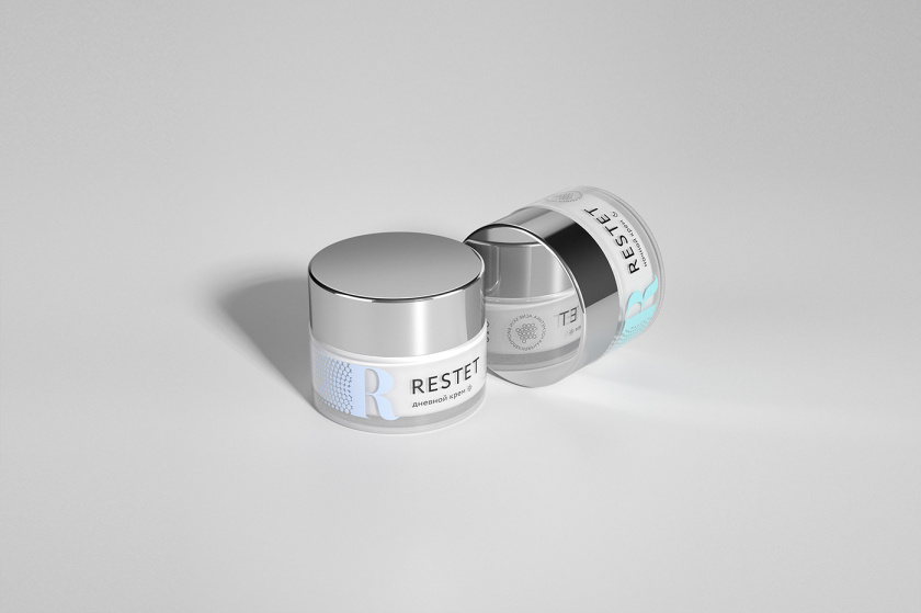 Restet醫美化妝品包裝設計，字母R+動態圓點元素
