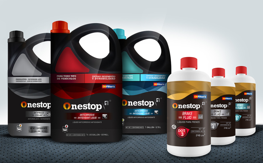 OneStop 汽車潤滑油包裝設計，動態漸變色塊風格