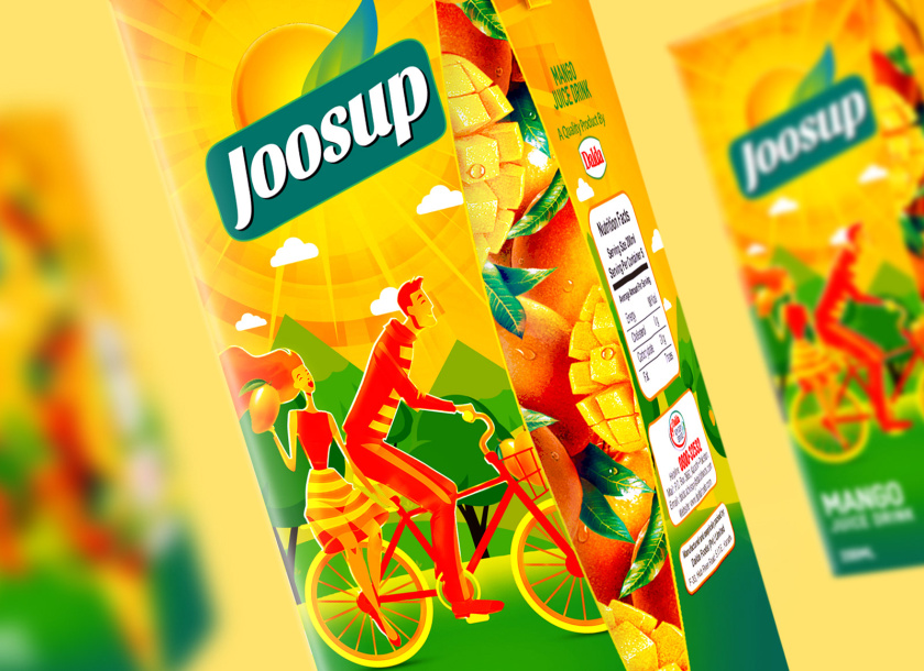Joosup 果汁飲料利樂薄葉包裝設(shè)計，嬉戲的夫妻插畫設(shè)計