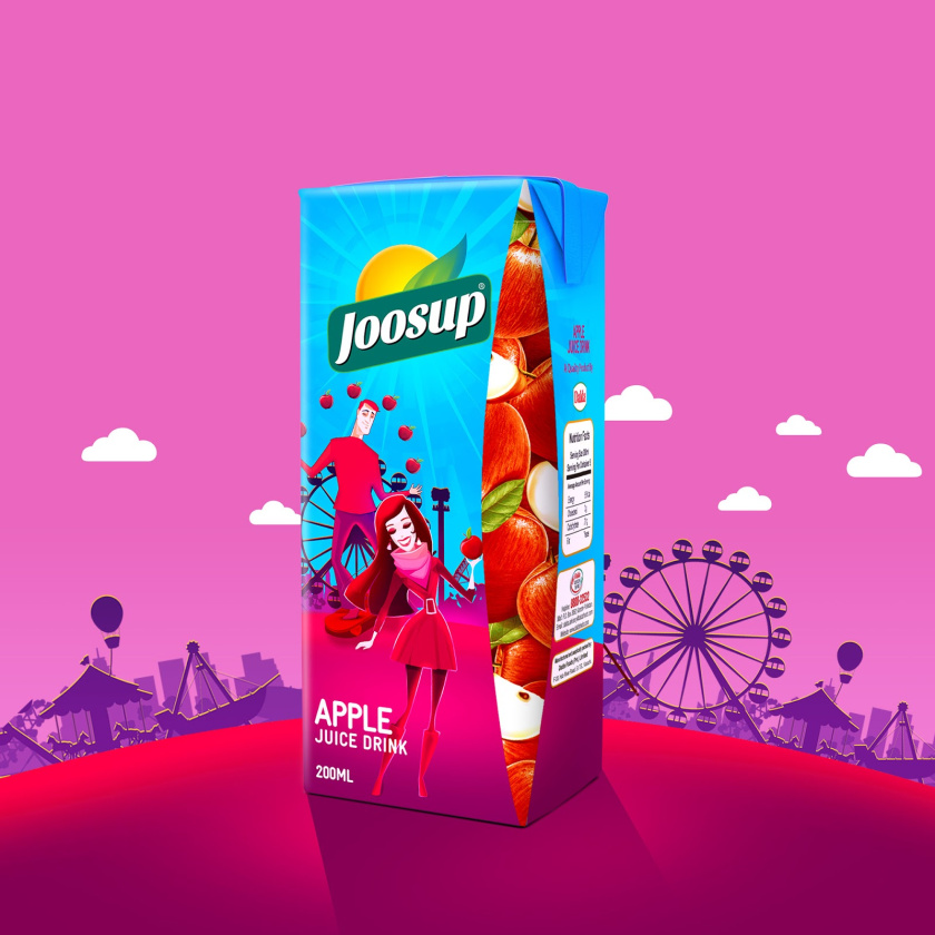 Joosup 果汁飲料利樂薄葉包裝設(shè)計，嬉戲的夫妻插畫設(shè)計